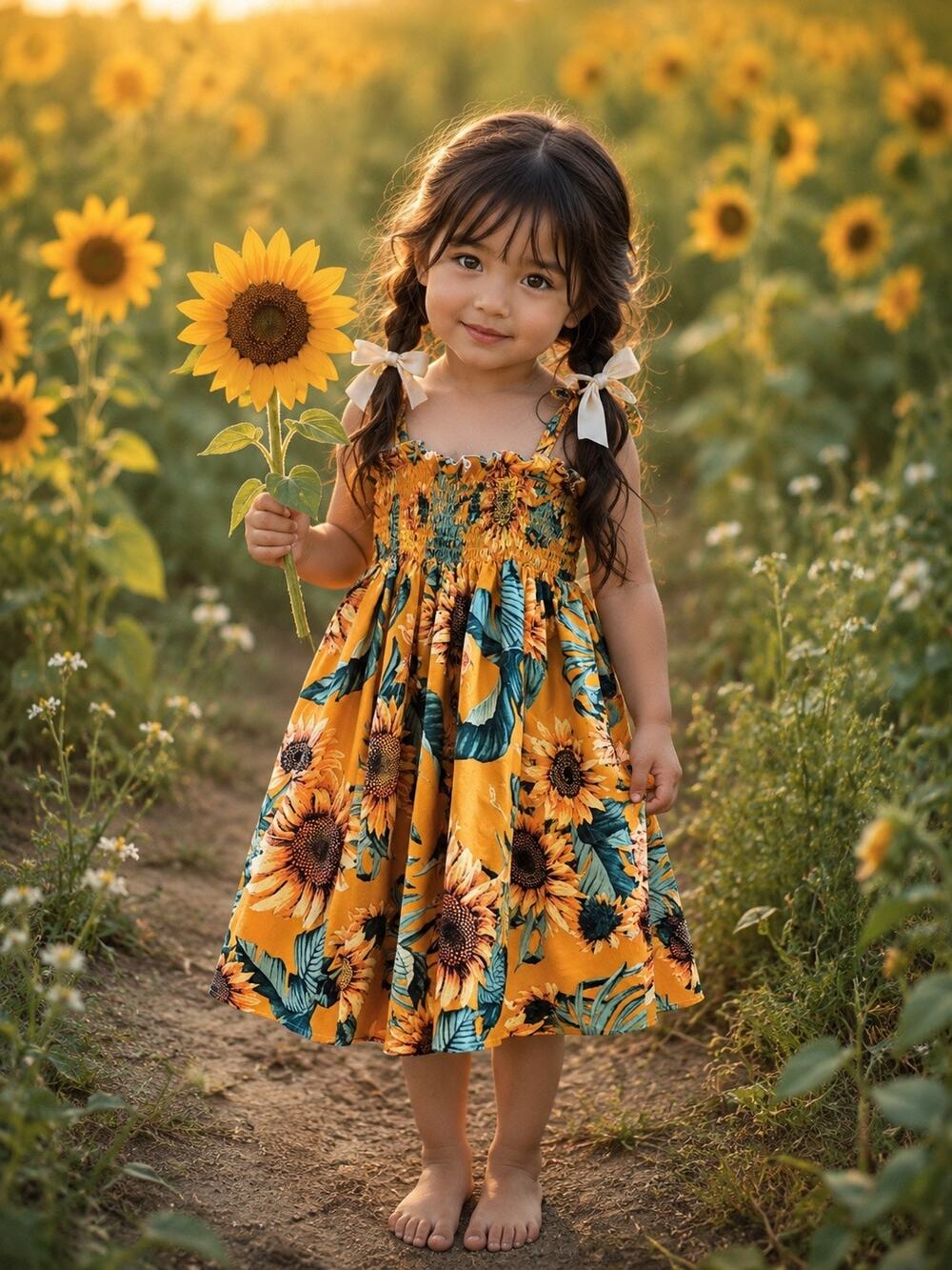 ✿ New Golden Harvest Sunflower Print Flowy Midi Dress 4T